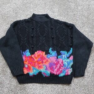 vintage Rafferty Sweater Women's M Floral Cable Knit Black‎ Ramie art grandma
